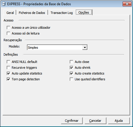 5. Finalmente podem alterar-se todas as outras propriedades da base de dados.