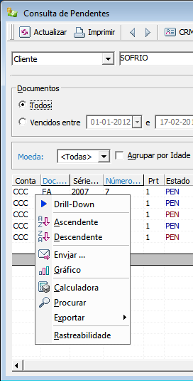 Exportação da informação presente na grelha para formatos: HTML, Excel, Word e XML; Impressão da informação presente na grelha.