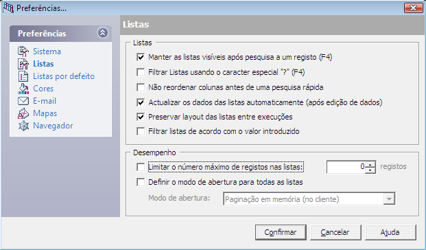 Manter listas visíveis após pesquisa - Indica se a última lista deve permanecer aberta depois de selecionado um registo. Filtrar Listas usando o caracter Especial "?
