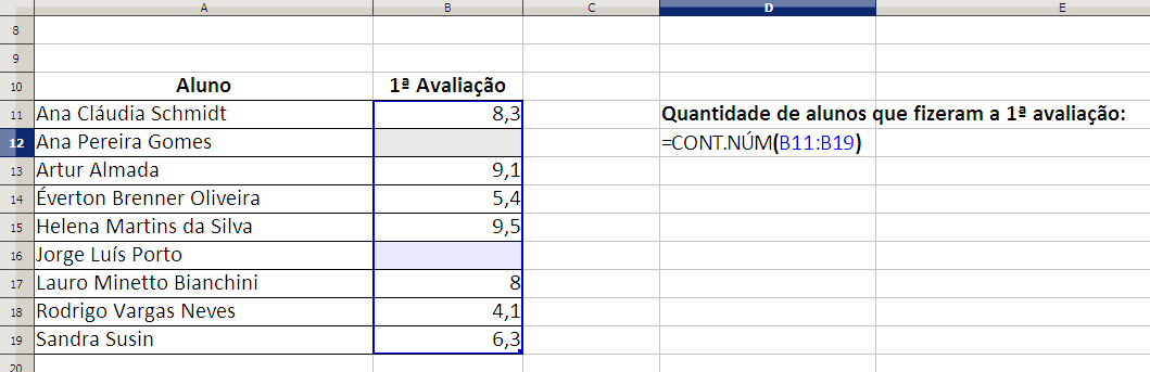 CONT.NÚM A função CONT.NÚM conta quantos valores numéricos estão entre os ARGUMENTOS da função. Entende-se como valores numéricos: números, datas e fórmulas cujo resultado seja um número.