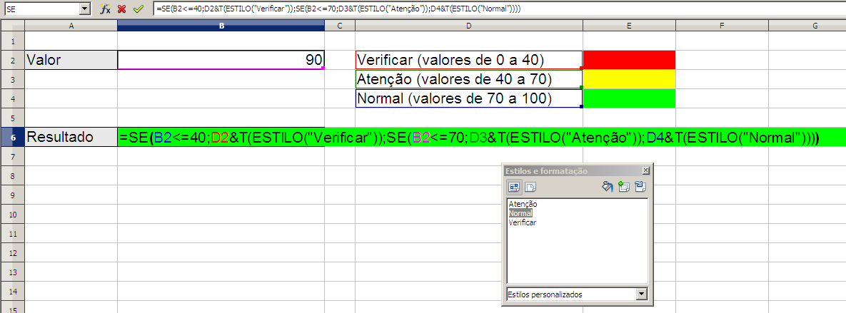 Exemplo da função ESTILO com conteúdos numéricos: =4543,22 + ESTILO("Padrão") Outro exemplo do que pode ser feito com a função ESTILO é muito similar à estrutura de uma formatação condicional quando