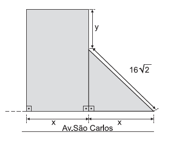 Questão 6 - MAT A figura, com dimensões em metros, representa um terreno retangular vizinho de uma pequena praça com a forma de um triângulo isósceles, ambos com frente para a Av. São Carlos.