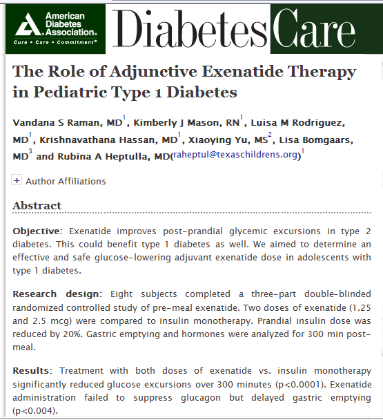 Terapia adjuvante exenatida reduz a hiperglicemia pós-prandial em adolescentes com DM tipo 1.