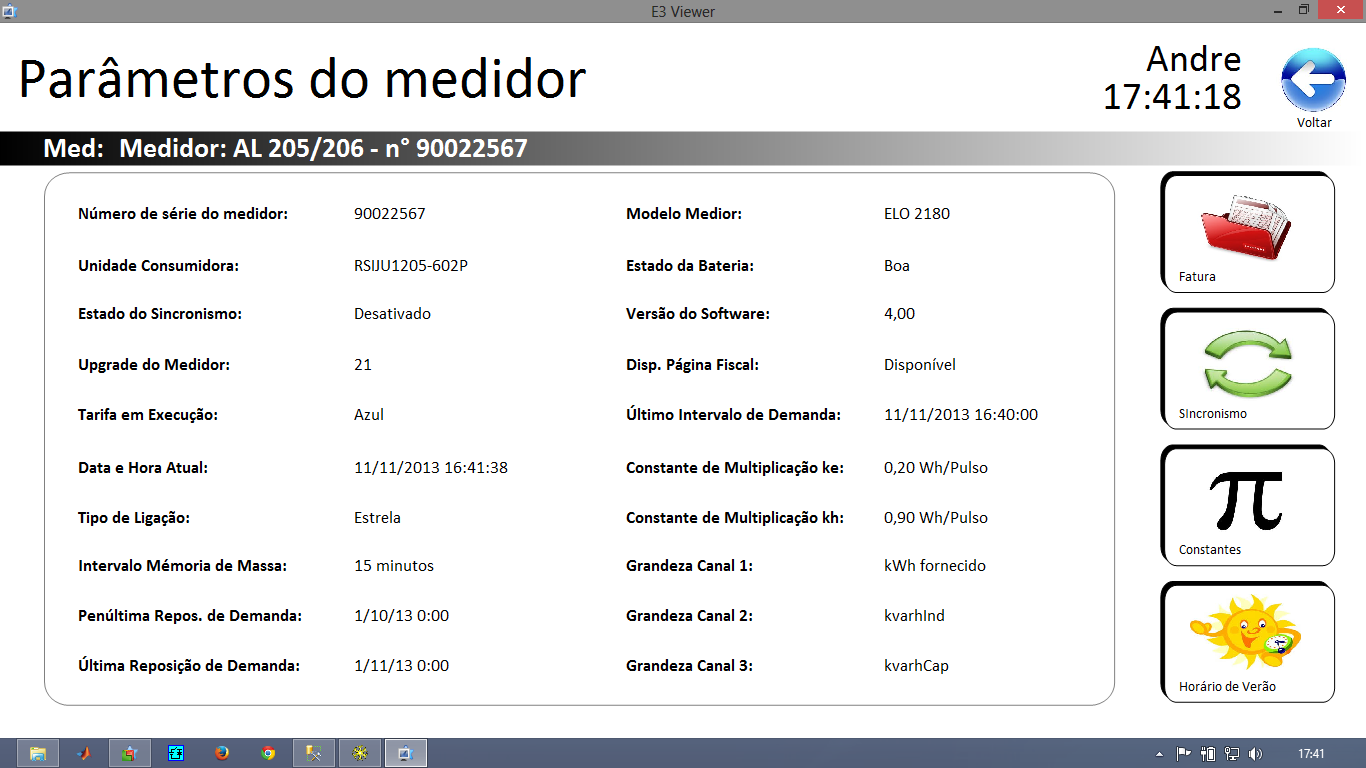 40 4.2.2 Módulo parâmetros atuais O módulo Parâmetros atuais é responsável em informar ao usuário as configurações do medidor eletrônico em que a aplicação está conectada.