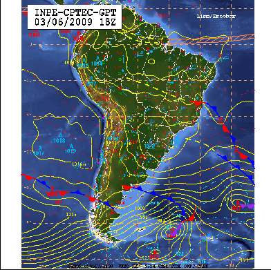 Figura 2 Campo diagnóstico de (a) Vento Geostrófico em linhas de corrente e magnitude em m/s (b) da Divergência do Vetor Q [x10-17 Pa/s] (sombreado) e Geopotencial (contorno) e (c) de Omega em