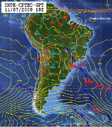 (a) (b) (c) Figura 4 Campo diagnóstico de (a) Vento Geostrófico em linhas de corrente e magnitude em m/s (b) da Divergência do Vetor Q [x10-17 Pa/s] (sombreado) e Geopotencial (contorno) e (c) de