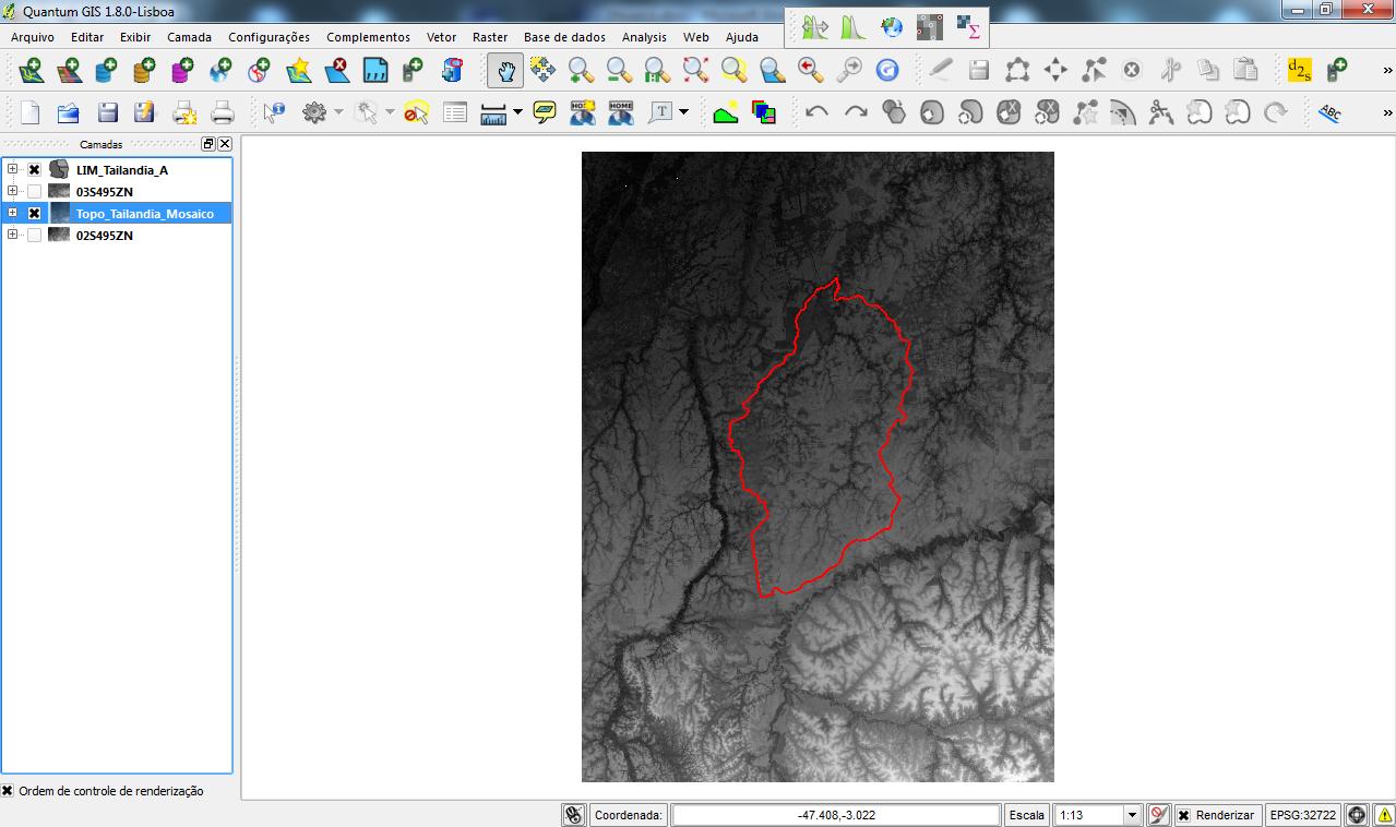 Abra a imagem Topo_Tailandia_Mosaico e LIM_Area_Estudo_A (vetor) sobrepondo as imagens.