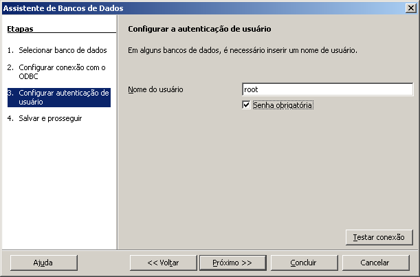 Utilização de aplicativos... 38 próxima figura mostra o assistente configurado: Figura 4: Configurando o login e testando a conexão.