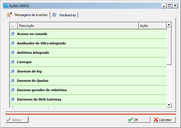 Expandir o item Configurações do Sistema Selecionar o item Ações A janela de configuração das ações Ao selecionar esta opção será mostrada a janela de configuração das ações a serem executadas pelo