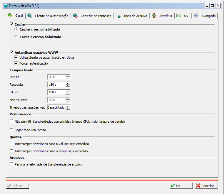 Figura 141 Filtro Web (aba Geral) O botão OK fará com que a janela de configuração do Filtro Web seja fechada e as alterações salvas.