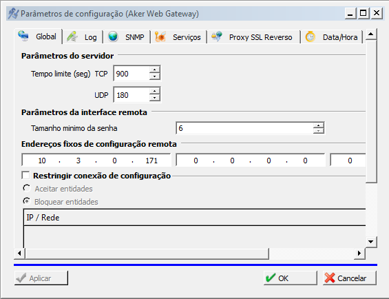 A janela de Parâmetros de configuração: Figura 46 Aba Global O botão OK fará com que a janela de configuração de parâmetros seja fechada e as alterações que foram efetuadas sejam aplicadas; O botão