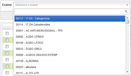 5 Para a inclusão de exames no cadastro da unidade, selecione o mesmo na seta do campo exame, assim o sistema disponibilizará todos os exames existentes, não existindo o mesmo o usuário devera entrar