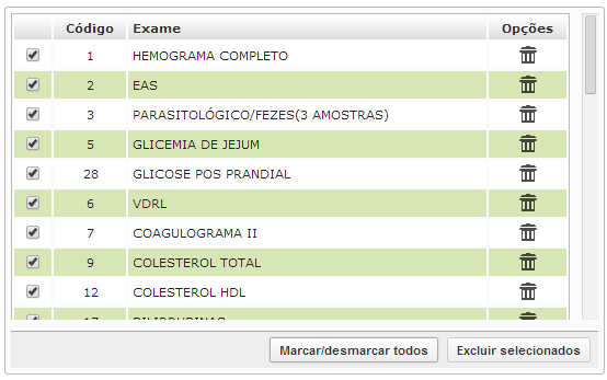 Figura 18: Exclusão de exames do cadastro da unidade.