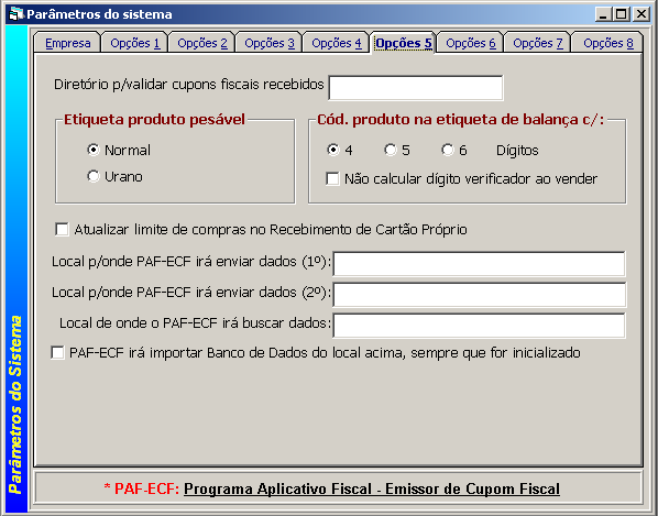 Detalhamento dos Campos - Parâmetros Opções 5 È selecionado o formato dos códigos dos produtos a serem exportados p/ balança de acordo com o tipo de balança.