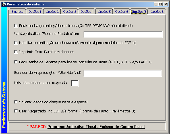 Detalhamento dos Campos - Parâmetros - Opções 7 Usar Registrador no ECF p/ a forma (Formas de Pagto.