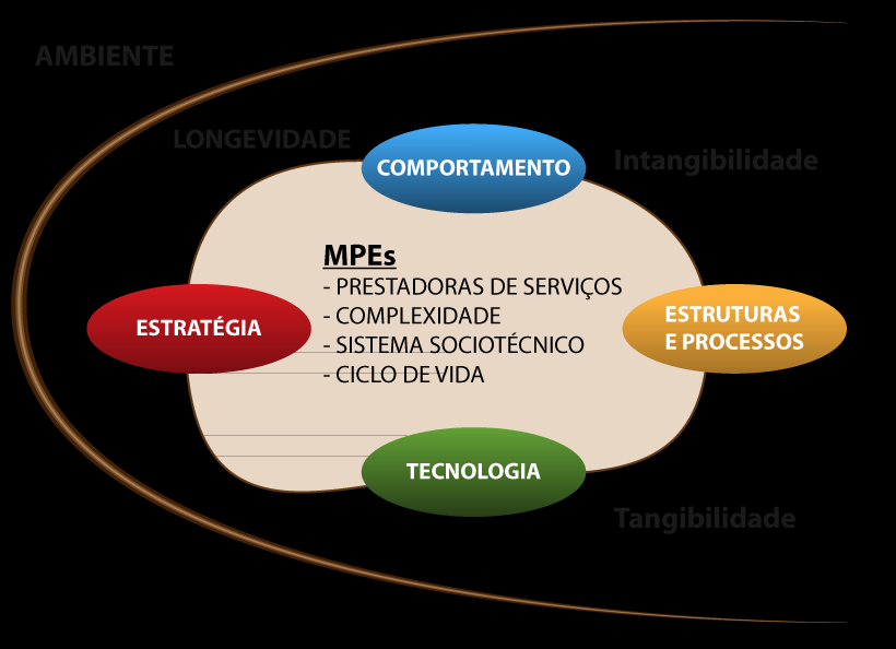 36 O tratamento teórico se legitima, nesta tese, diante das dimensões organizacionais com base em estrutura e processos, comportamento, estratégia, tecnologia / inovação e ambiente e consequentes