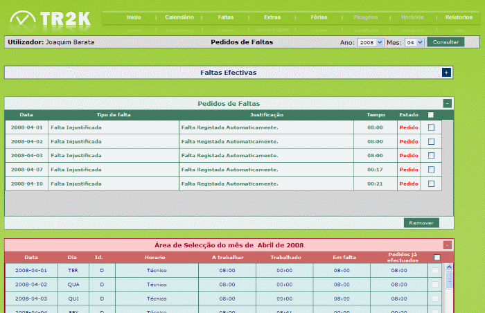 Pedidos de Justificação de Faltas Pedidos de Faltas, permite ao funcionário justificar as suas faltas, sejam faltas já registadas ou faltas previstas.