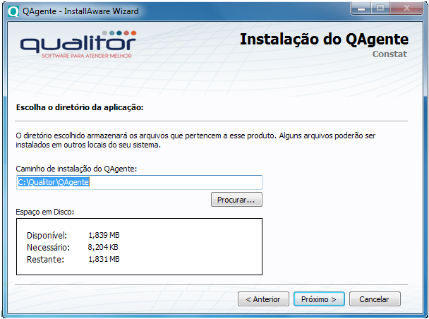 1.1.7.1.2 Instalação QAgente Qualitor A evolução da configuração poderá ser