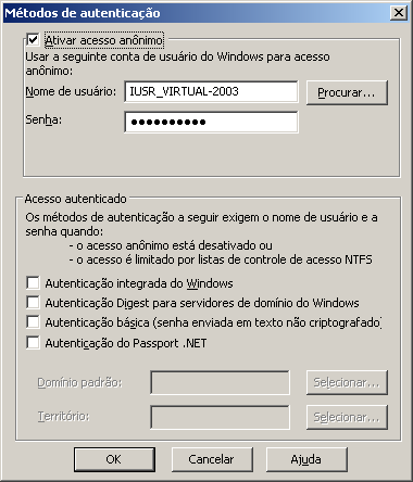 e. Verifique que o acesso anônimo esteja habilitado e aceite as alterações fechando o gerenciador. Clique em OK para salvar a configuração. V. Teste para verificação de acesso ao WebService da Futura