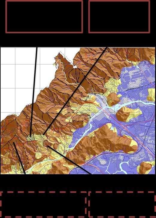 A Figura 6.5 ilustra as principais situações encontradas para corridas de massa e enxurradas. Figura 6.5 - Tipologia de situações incidentes na carta síntese acerca de áreas suscetíveis a corridas de massa e enxurradas e a enxurradas.