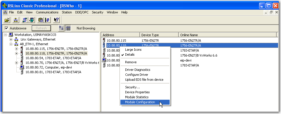 Capítulo 3 Monitore uma rede DLR Software de comunicação RSLinx Para monitorar a rede no software de comunicação RSLinx, siga estes passos. 1. Clique em RSWho para procurar na rede. 2.