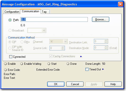 Monitore uma rede DLR Capítulo 3 3. Configure o caminho de comunicação da instrução MSG para apontar para o nó supervisor ativo. O caminho na tela a seguir é um exemplo de caminho.