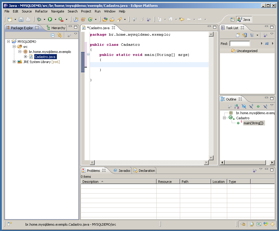 Agora vamos para o eclipse onde criaremos um projeto chamado MYSQLDEMO 1.