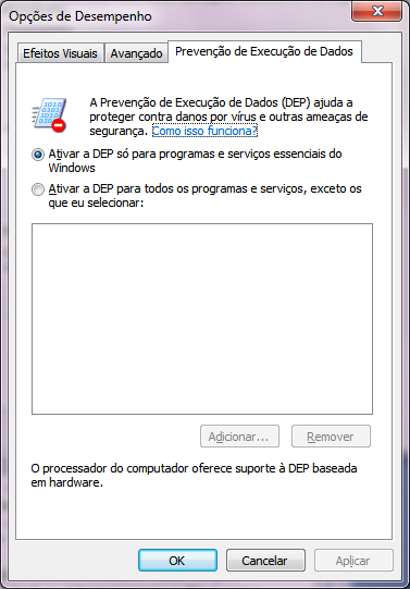 Desativando o DEP ( Prevenção de execução de dados ) Você deve verificar se a opção Prevenção de execução de dados está desativada, pois ela interfere com a conexão ao Webservice.