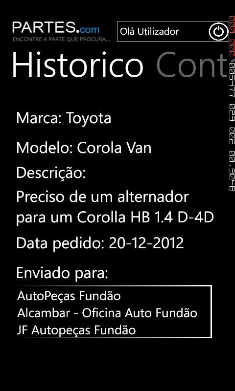 Plataforma de Compra e Venda de Peças Usadas de Automóveis e Veículos Industriais Resultados Depois de submetido o pedido, o utilizador recebe a informação que este foi enviado para os fornecedores e