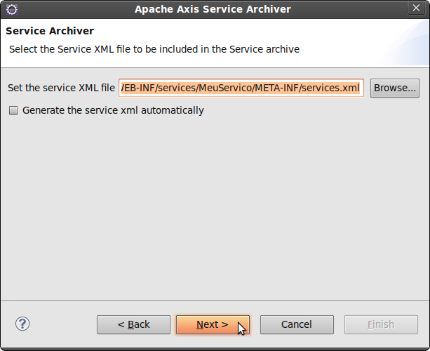 Figura 25. Informando o arquivo services.xml para o wizard.