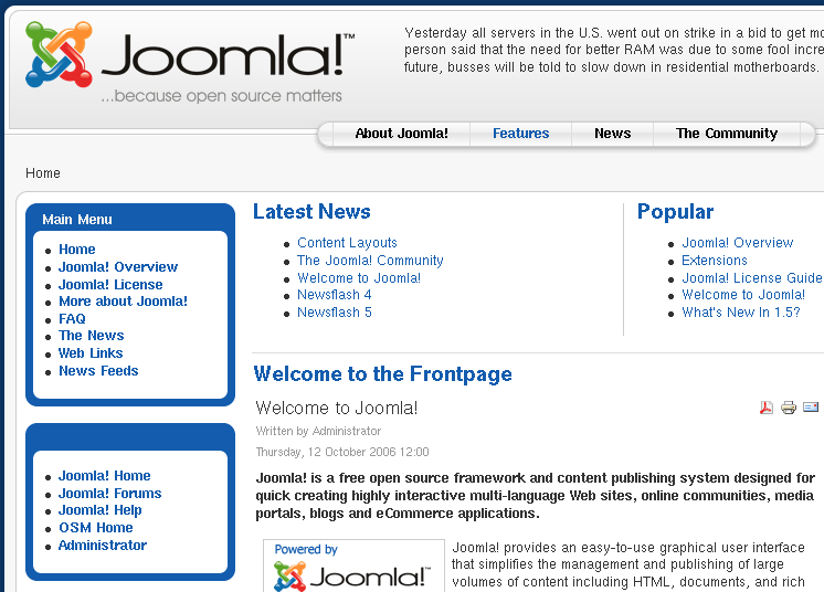 interface do administrador como o sistema, o front-end faz a interação do usuário final com o sistema. A figura 3.8 exibe a página principal do Joomla.