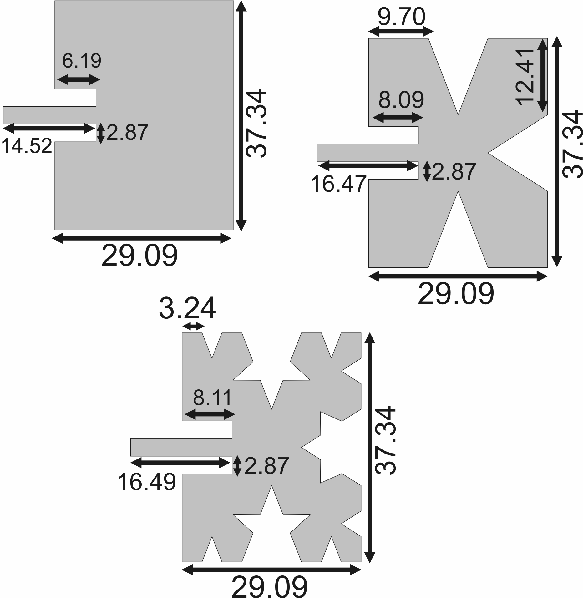 A Figura 3 apresenta a geometria das antenas com contornos fractais propostas e as respectivas dimensões físicas (em mm) associadas.