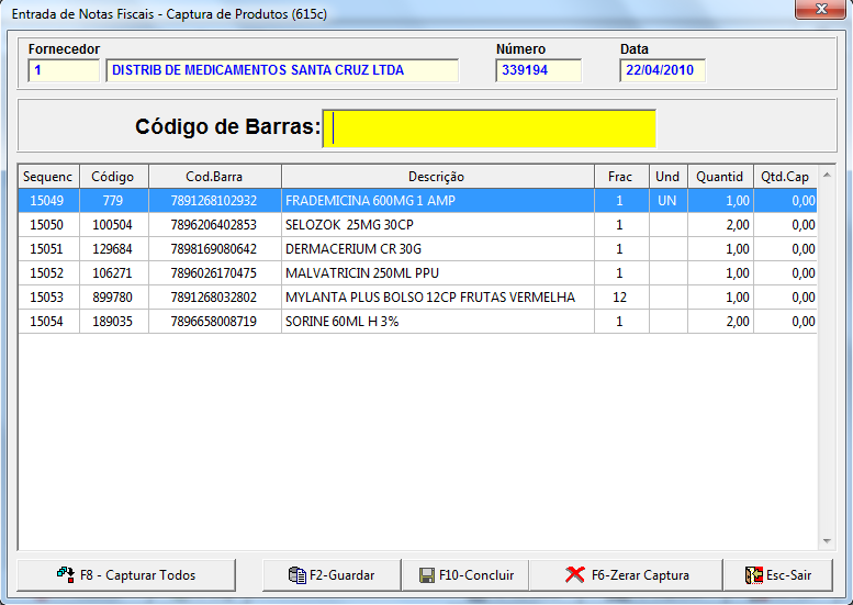 Nota Fiscal de Entrada Nota Fiscal Captura de Produtos Na tela de Captura de Itens temos as seguintes opções: 1 Capturar Todos : Coloca na coluna Quantidade Capturada a quantidade informada no XML.