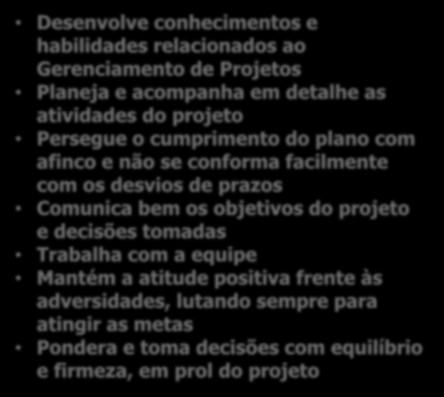 Principais Papéis e Perfis O que faz um bom Gerente de Projetos Desenvolve conhecimentos e habilidades relacionados ao Gerenciamento