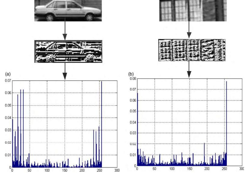 Figura 10 Histogramas referentes às imagens de um automóvel e parte de uma janela (ZHANG et. al.