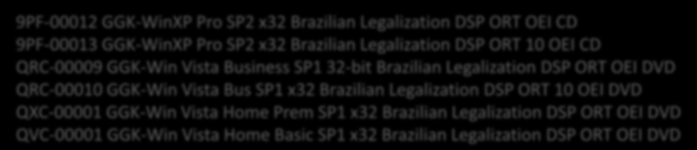 SKUs 9PF-00012 GGK-WinXP Pro SP2 x32 Brazilian Legalization DSP ORT OEI CD 9PF-00013 GGK-WinXP Pro SP2 x32 Brazilian Legalization DSP ORT 10 OEI CD QRC-00009 GGK-Win Vista Business SP1 32-bit