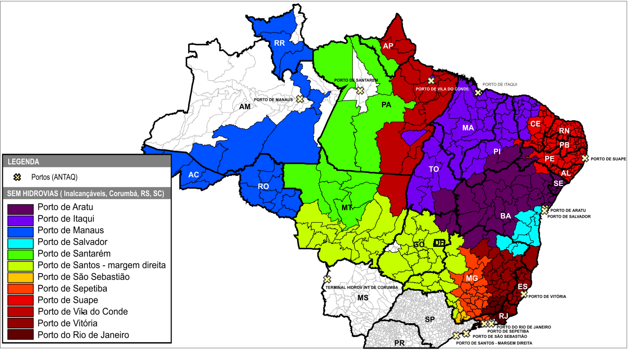 Relatório Técnico Através da ferramenta Área de Influência existente no SIGTAQ e conforme os procedimentos detalhados no Relatório de Metodologia, o sistema definiu o melhor porto de entrada ou saída