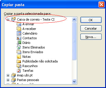 E copie a pasta Mail para a pasta Caixa de Correio Nome de Utilizador Clique