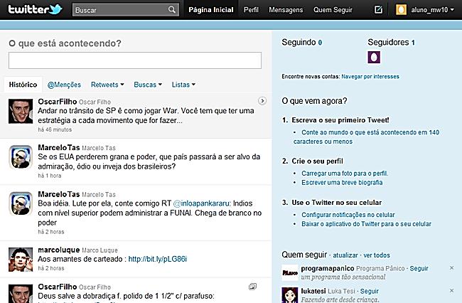 Na sequência, será aberta uma janela de sugestões do Twitter. Nesta página, podemos encontrar várias categorias e sugestões de usuários, basta clicar nos links separados por categorias.