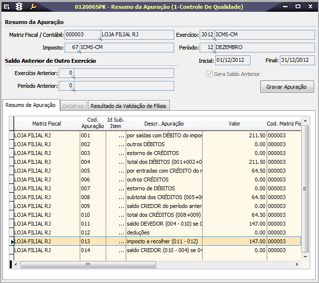 Tela 012006 - Resumo da Apuração / ICMS - CM Página Resumos da Apuração Informe a filial, período e imposto para verificação dos valores