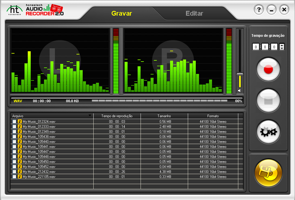 21. Audio Recorder 2.0 Deluxe 3.2. Modo Avançado Você pode iniciar o Modo Avançado clicando em Modo Avançado na tela principal. 3.2.1. Gravação Na fase da Gravação você pode ajustar o volume de entrada e reduzir o ruído indesejado ou a estática.