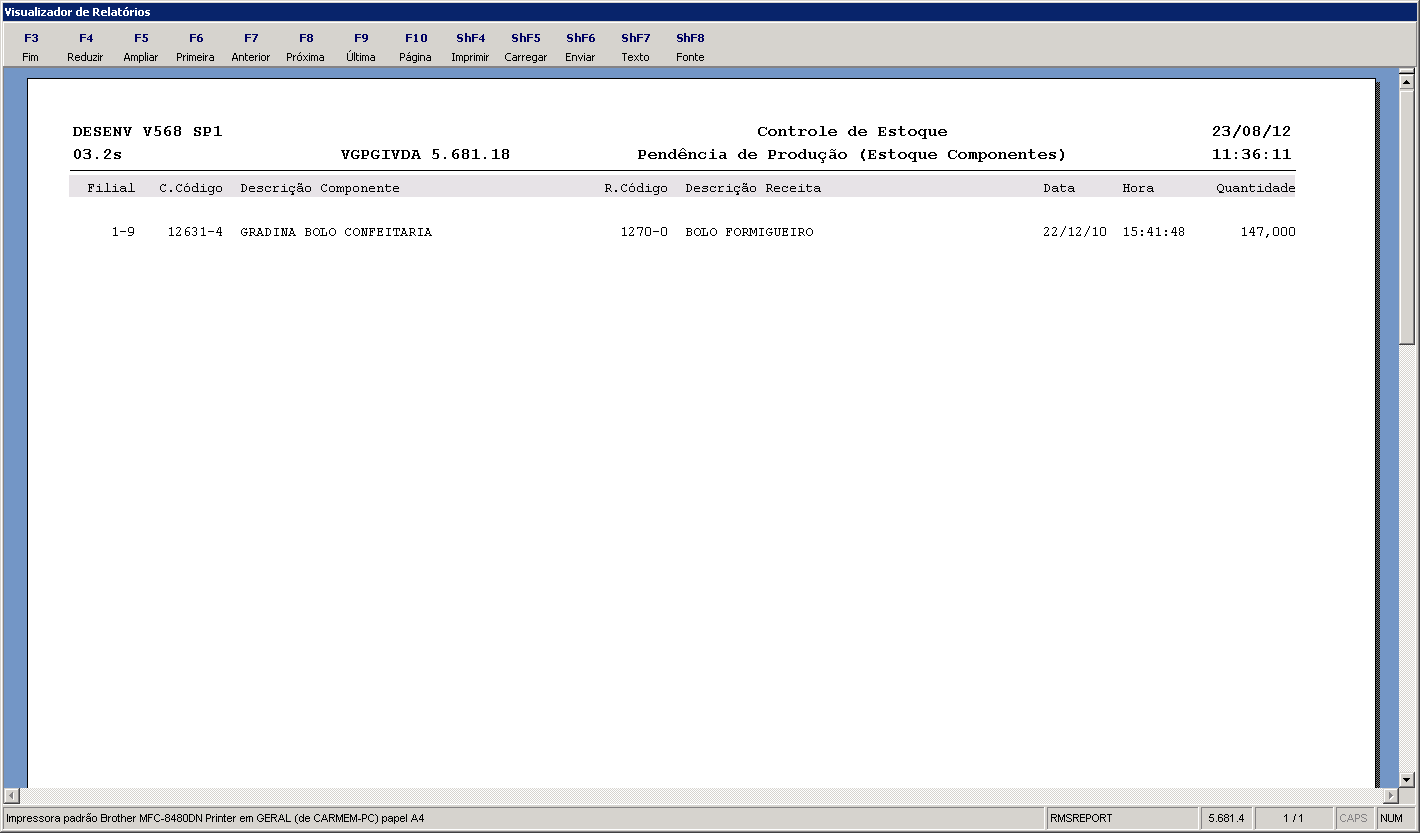 Campos de tela: Nome do Campo Filial Componente Receita Pendências Descrição Código da filial Código Descrição Código Descrição Data Hora Quantidade Função ShF4 - Imprimir