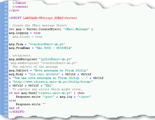 Aprender a Inovar, Vitor Cardoso, 2007 FIGURA 4-14: KIT DE ELEARNING - EXCERTO DO CÓDIGO ASP DO FÓRUM O conjunto de ferramentas que desenvolvemos no kit de elearning permitiam responder a essa