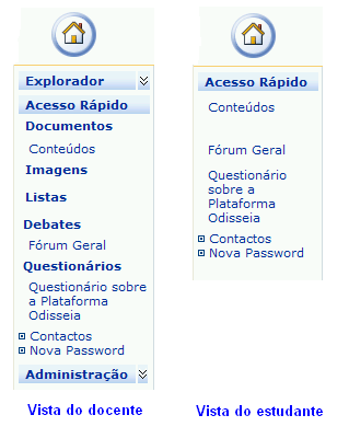 FIGURA 5-18: VISTA DOCENTE E VISTA ALUNO DA ZONA DE ACESSO RÁPIDO NA HOME PAGE Vejamos cada uma destas áreas de acesso só visível ao docente.