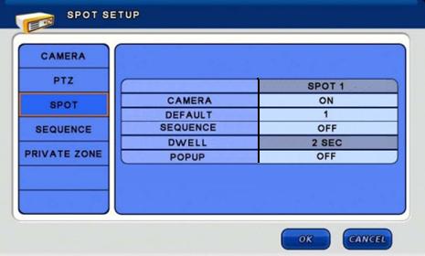 5.2.3 SPOT CAMERA : Selecione as câmeras que serão exibidas no monitor conectado a saída SPOT. DEFAULT : Selecione a câmera que será exibida no monitor caso SEQUENCE estiver desativado.