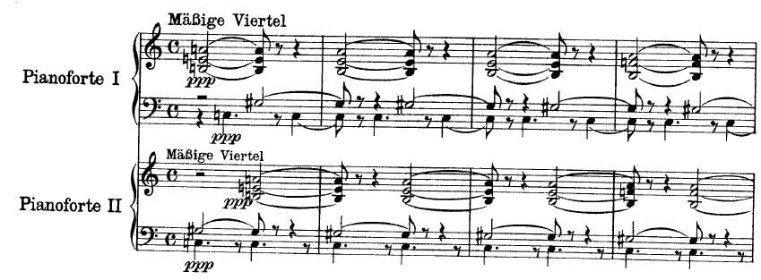 3 No exemplo musical 1, oito primeiros compassos da peça, podemos ver em vermelho a flauta um e o corne inglês, em verde a flauta dois e o segundo trompete, em amarelo o clarinete dois e primeiro e
