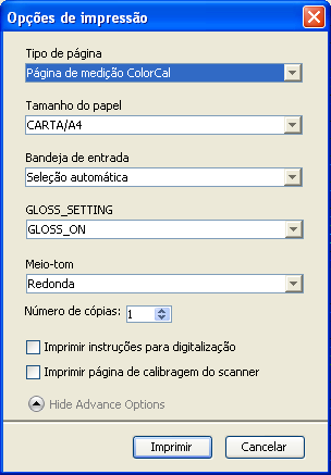 Página 15 7 Para selecionar a Tela de meio-tom e o Modo de brilho, clique em Show Advance Options (Mostrar opções avançadas). 8 Selecione o Nível de brilho para imprimir a página de medida.