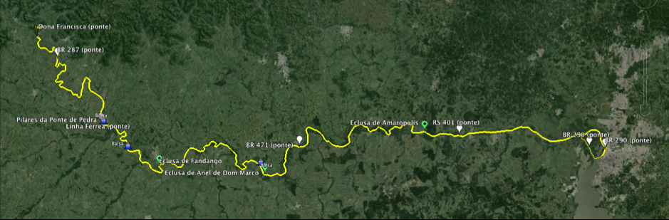 Figure 9: Obstáculos no Rio Jacuí (Fonte: Autores, sobre imagem do Google Earth) é recomendável que seja feita um exercício de previsão do tipo de tráfego a longo prazo.