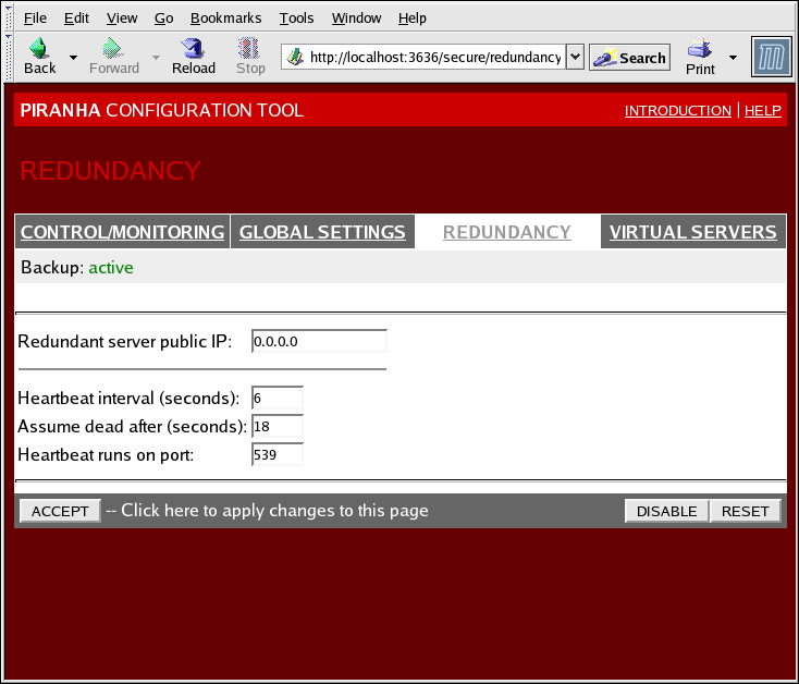 Red Hat Enterprise Linux 5 Visão Geral do Cluster Suite Figura 1.32. T he REDUNDANCY Panel Redundant server public IP O endereço IP real público para o roteador de backup.