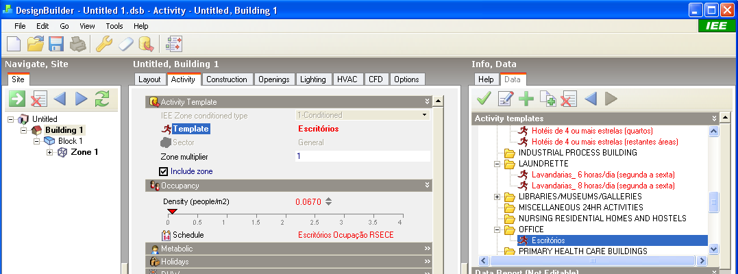 Figura 6 Escolha do Activity Template (Tipologia ou Espaço Complementar) ao nível do edifício 9.